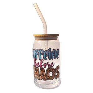 16oz Caffeine Before Chaos Glass Can Cup with Bamboo Lids and Glass Straw